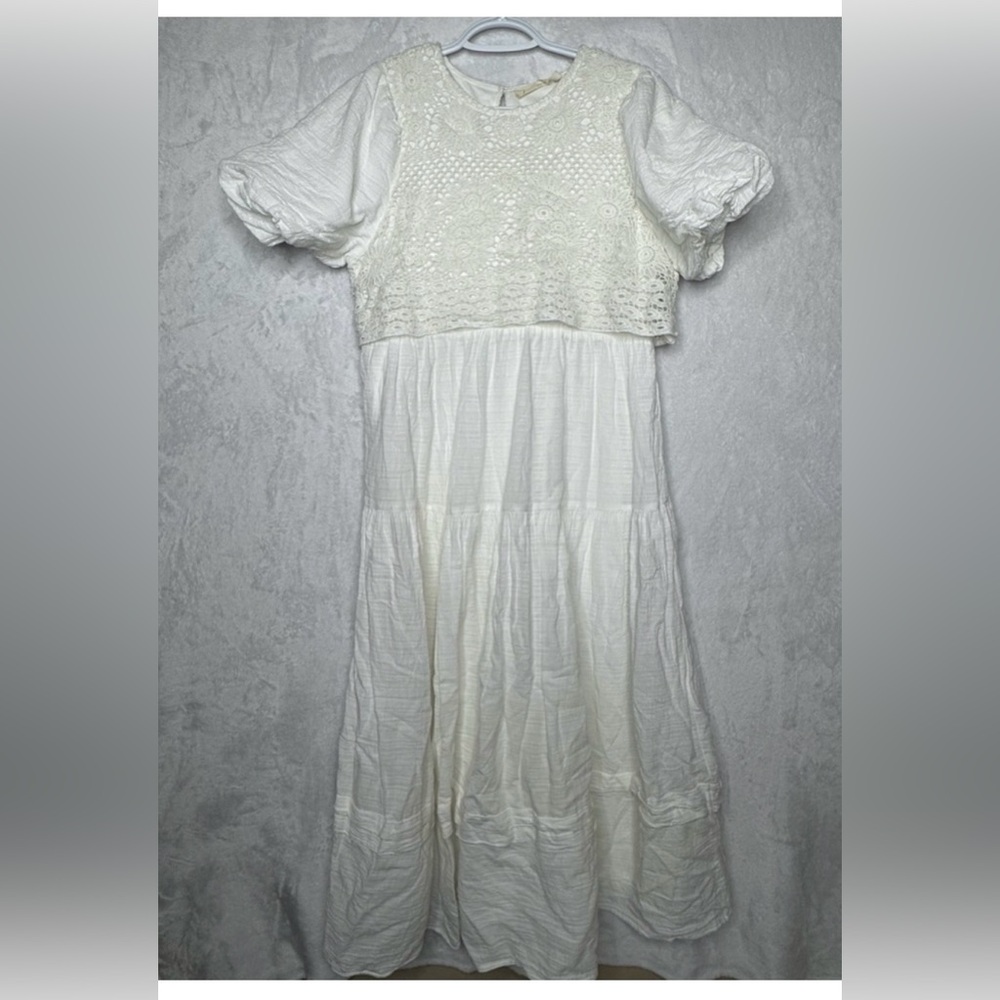 Leia N Co White Midi Crochet Top Puff Sleeve CottageCore Dress